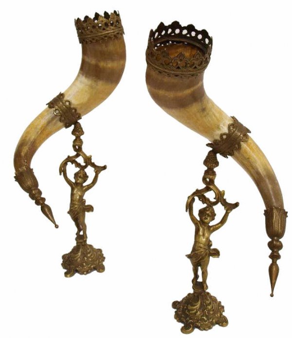 PAIR VICTORIAN HORN EPERGNES FIGURAL BRASS STAND: Pair of Victorian horn epergnes, each with ornate brass mountings presented on a detailed figural brass stand, 21"h, 11"w, 5"d, 10lbs(pv-10)