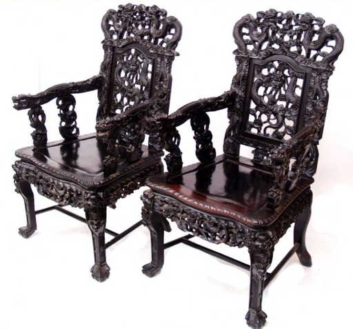 832: ANTIQUE CHINESE DRAGON CARVED BLACKWOOD ARM CHAIRS - 832: ANTIQUE CHINESE DRAGON CARVED BLACKWOOD ARM CHAIRS