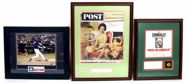 TEXAS AUTOGRAPHS CONNALLY, LADY BIRD JOHNSON,: (lot of 3) Assorted grouping of framed autographs including: Michael Young of the Texas Rangers, photo captioned Texas Rangers Single Season Hits Leader: 1964 Saturday Evening Post magazine cover feat