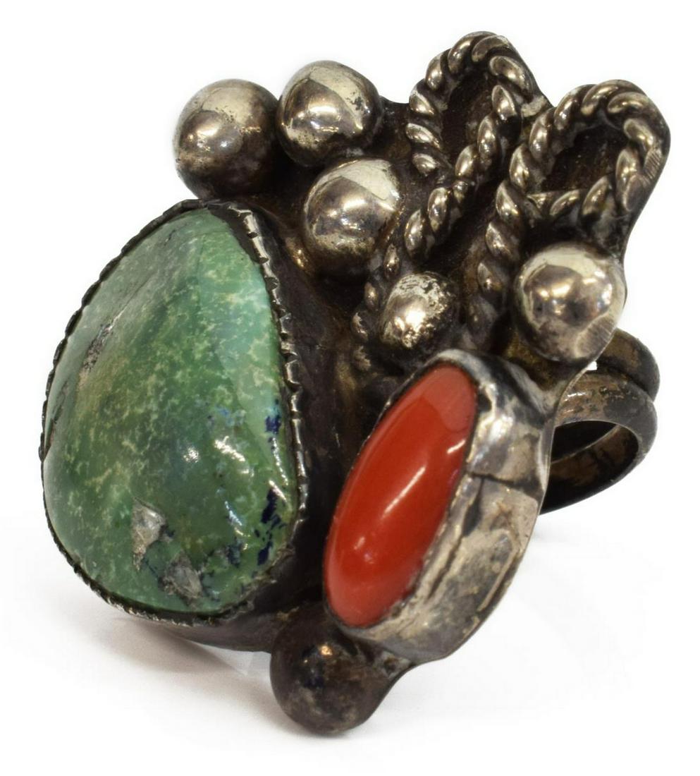 NATIVE AMERICAN SILVER TURQUOISE & RED CORAL RING (1 of 5)