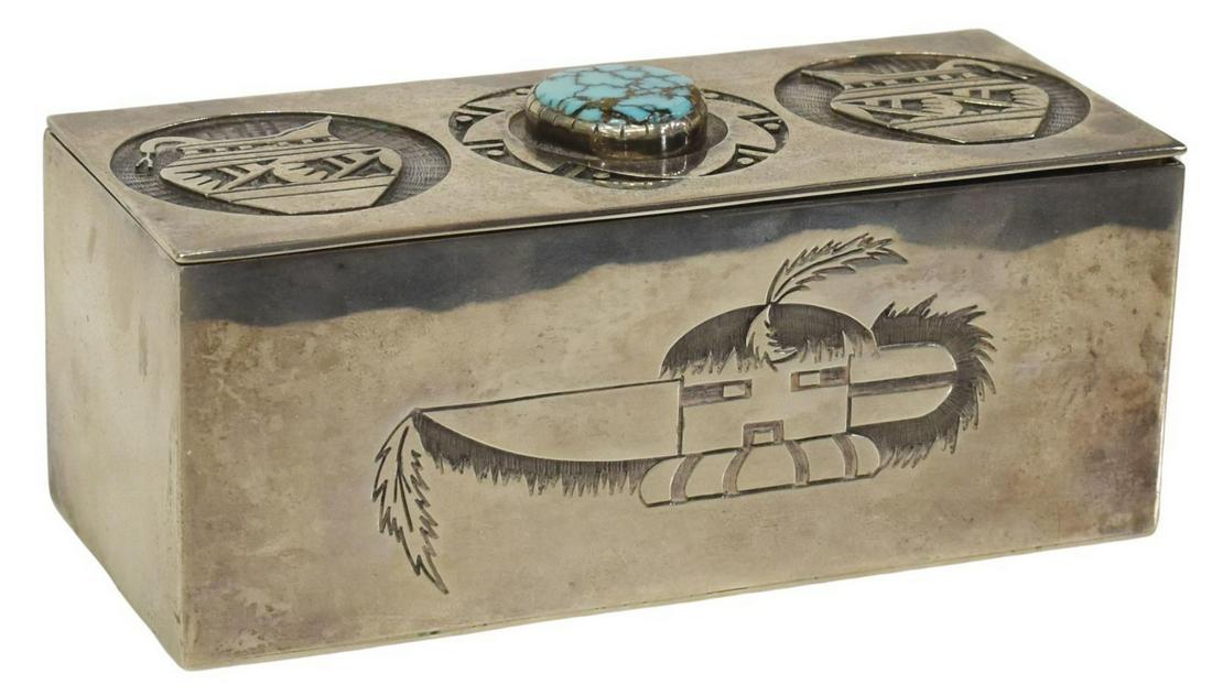 BOBBY TEWA (B.1948) TURQUOISE & SILVER OVERLAY BOX (1 of 5)