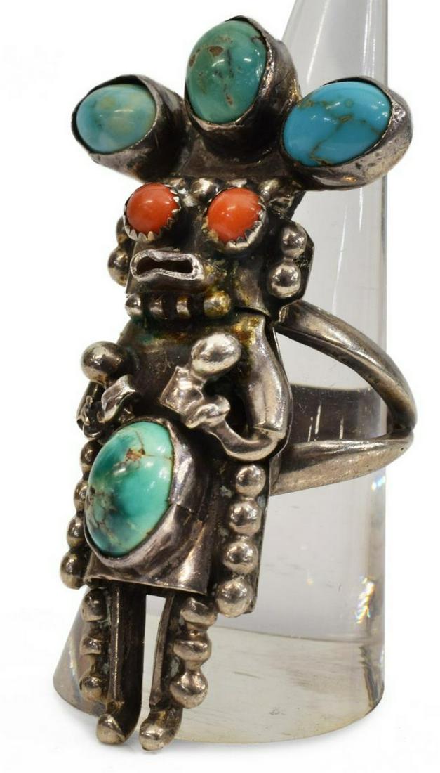 NATIVE AMERICAN RED CORAL & TURQUOISE FIGURAL RING (1 of 4)