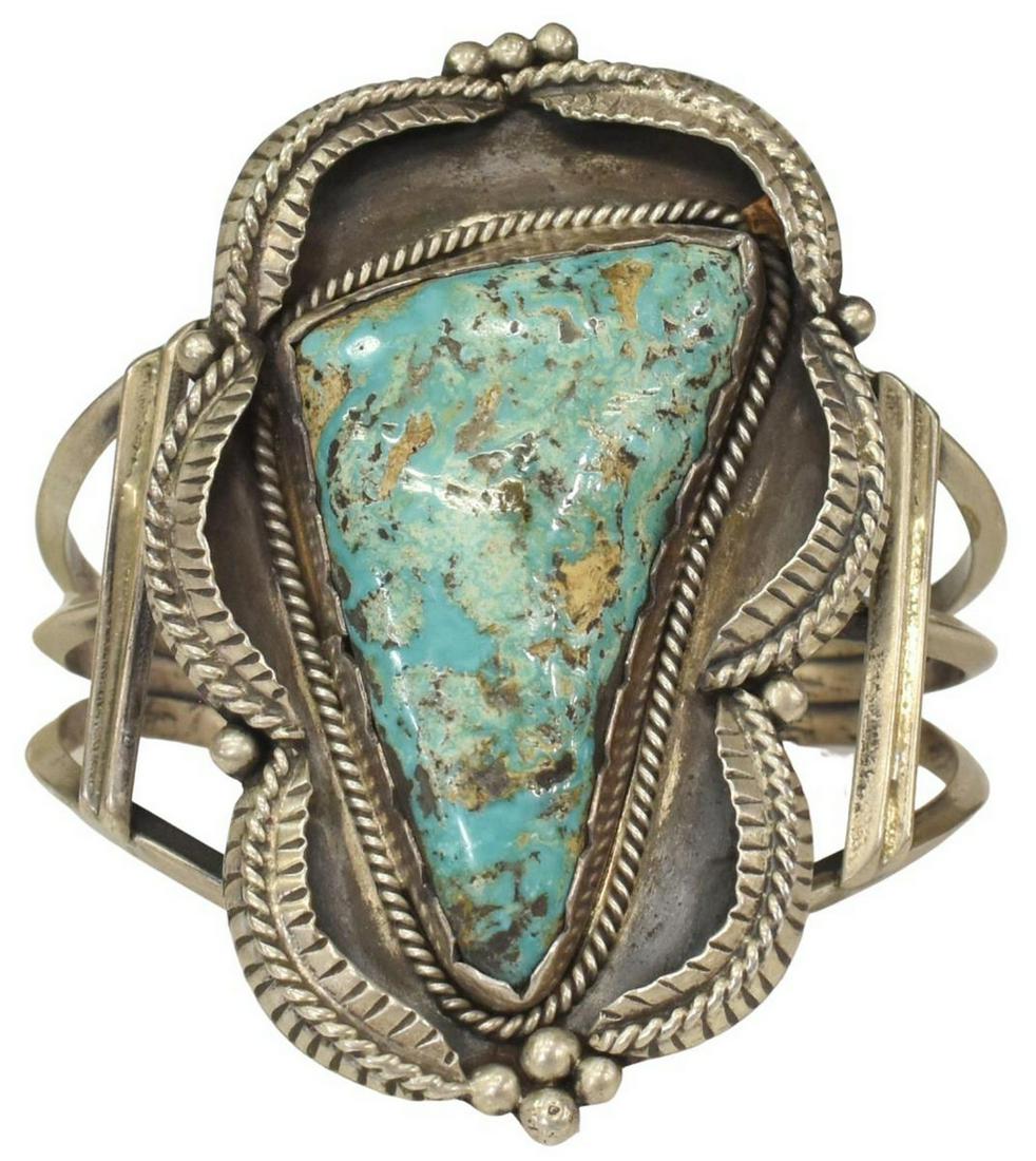 NATIVE AMERICAN SILVER & TURQUOISE CUFF BRACELET (1 of 4)