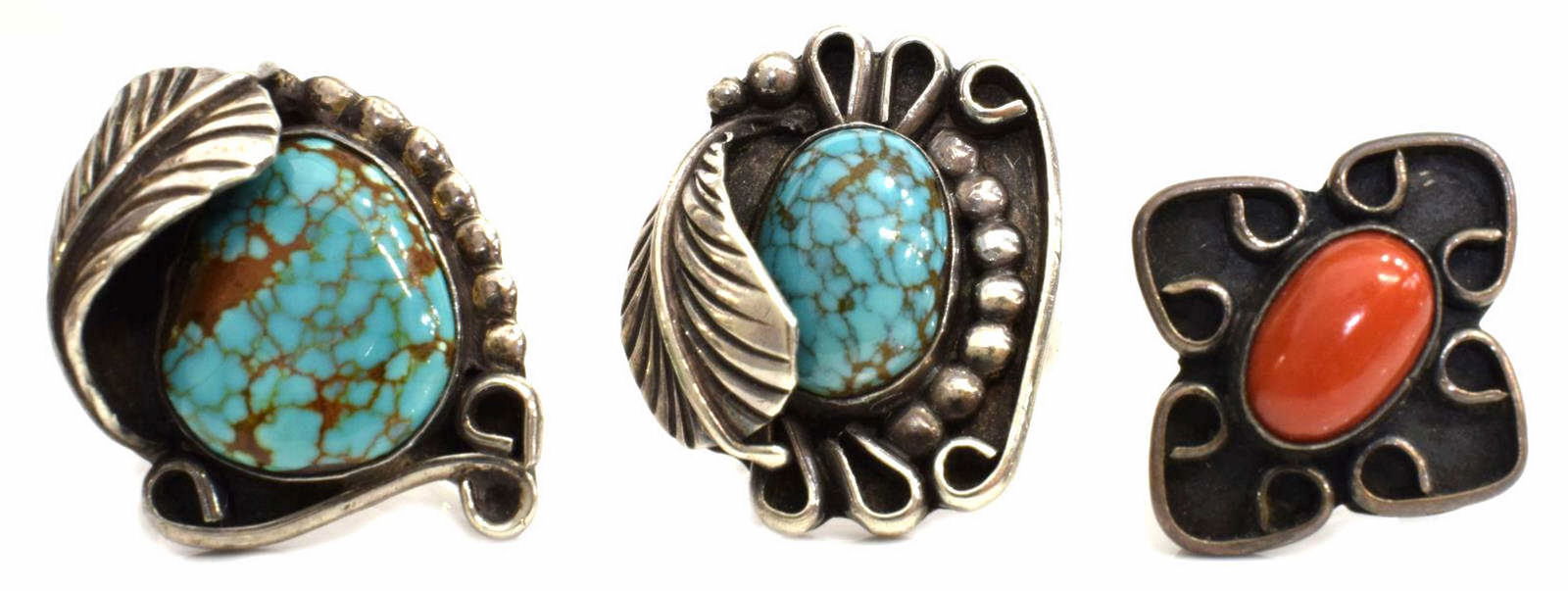 (3) NATIVE AMERICAN SILVER TURQUOISE & CORAL RINGS (1 of 4)