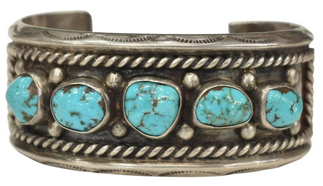 NATIVE AMERICAN SILVER & TURQUOISE CUFF BRACELET (1 of 4)