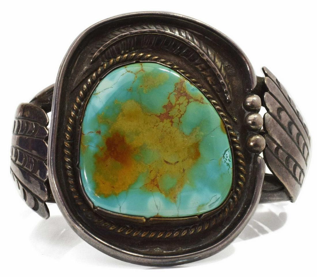 LARGE NATIVE AMERICAN SILVER & TURQUOISE CUFF (1 of 4)