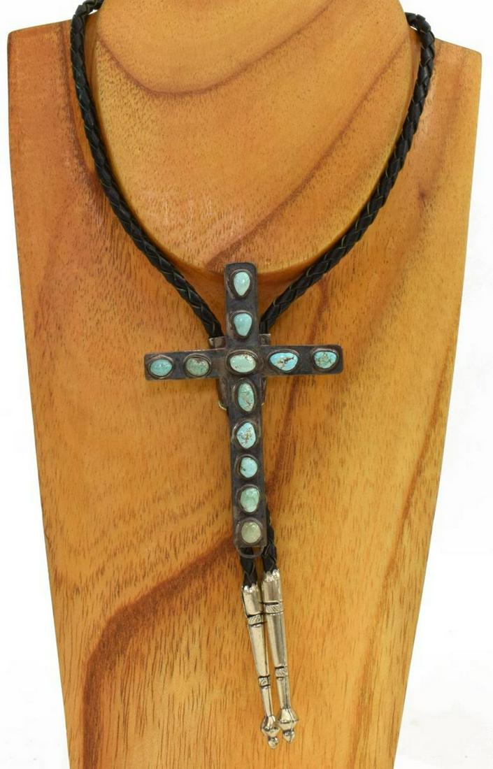 NATIVE AMERICAN SILVER & TURQUOISE CROSS BOLO TIE (1 of 4)