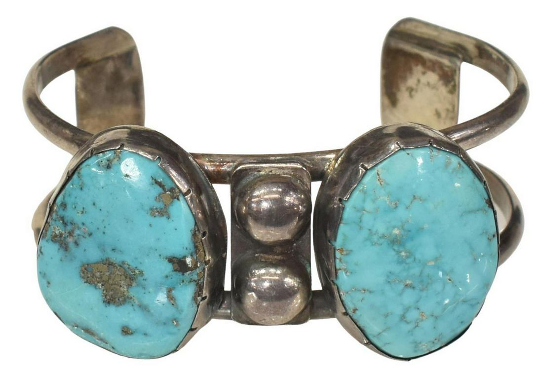 NATIVE AMERICAN SILVER & MORENCI TURQUOISE CUFF (1 of 3)
