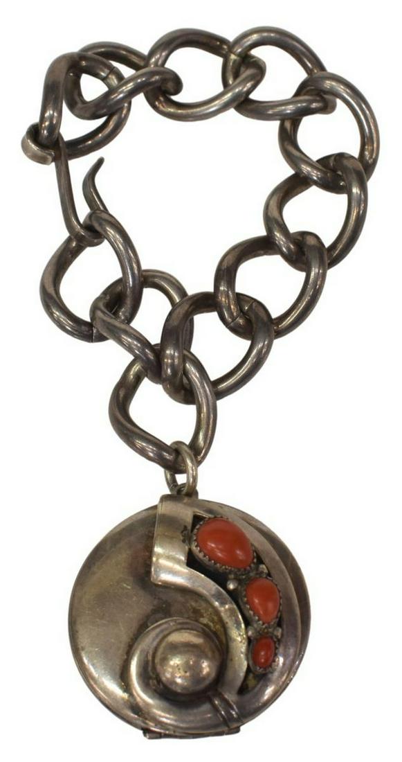 NATIVE AMERICAN STERLING & CORAL LOCKET BRACELET (1 of 3)
