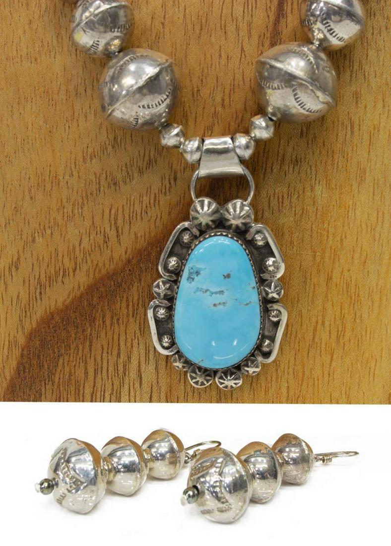 NATIVE AMERICAN TURQUOISE NECKLACE & BEAD EARRINGS: (lot) Native American silver (content unknown) jewelry, including: (1) pendant necklace, sterling pendant with bezel-set turquoise, signed J (Jason Livingston, Navajo, 20th c.), on an assembled, gradu