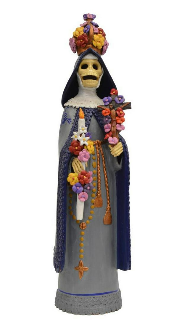 ALVARO DE LA CRUZ MICHOACAN MONJA CORONADA: Folk art Day of the Dead pottery figure, Monja Coronada (crowned nun), Alvaro de la Cruz, Morelia, Michoacan, Mexico, 2000, polychrome painted, holding bouquet of flowers, candle, and crucifix, approx