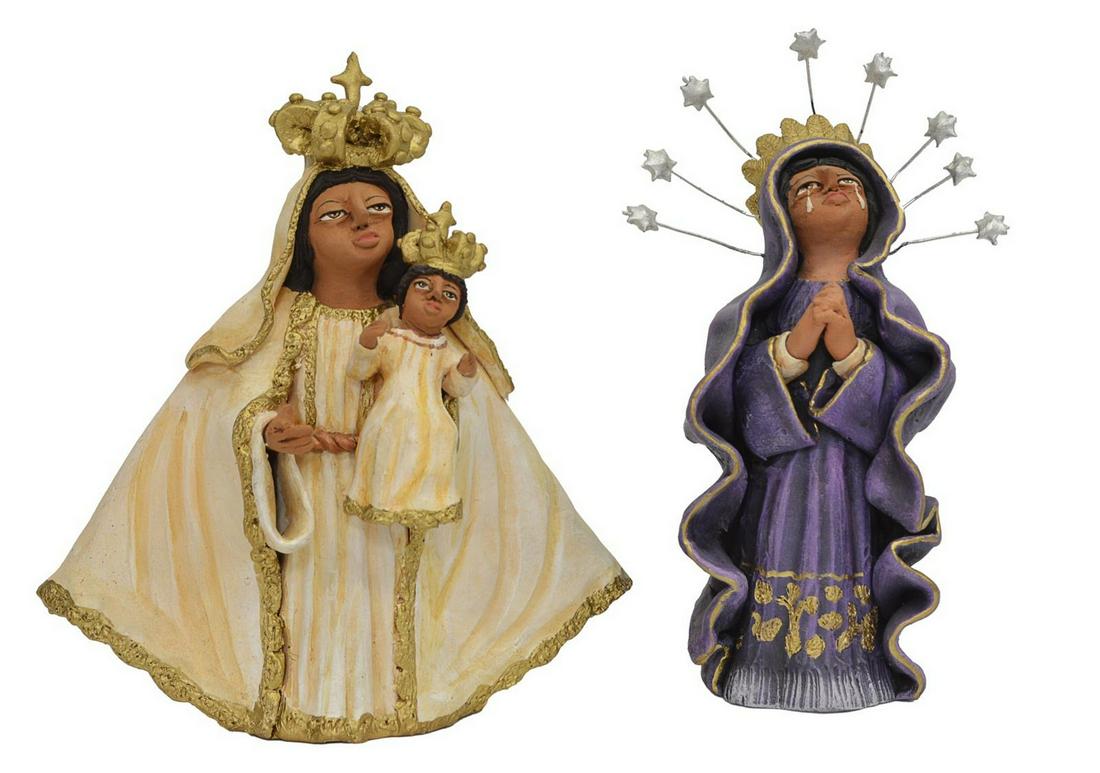 (2) JOSE JUAN GARCIA AGUILAR OAXACA CLAY MUNECAS: (lot of 2) Folk art pottery munecas, Jose Juan Garcia Aguilar (Ocotlan de Morelos, Oaxaca, Mexico, b.1974), La Virgen, largest: approx 8"h, 7.25"w, 3"d, 2.5lbs total **Provenance: From the estate of D