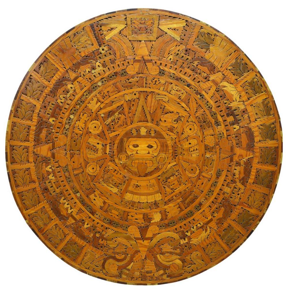 MIXED WOOD MARQUETRY AZTEC SUN CALENDAR (1 of 3)