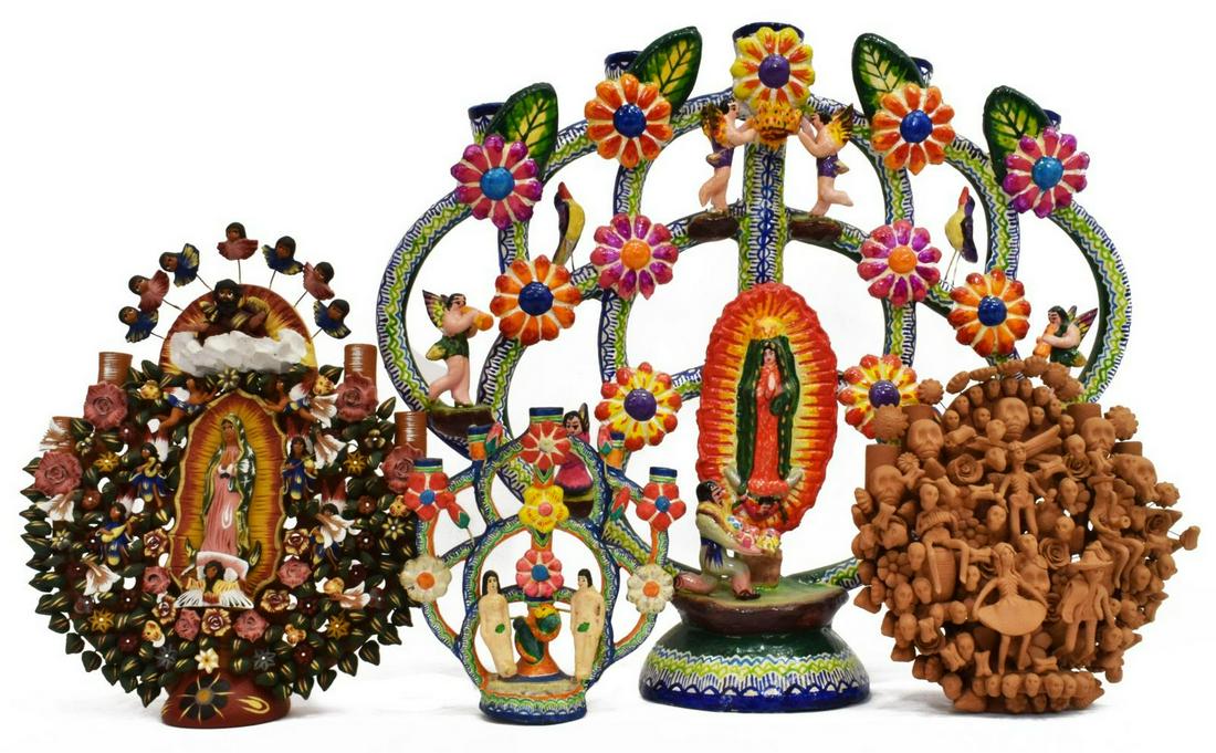 (4) MEXICAN FOLK ART PAINTED POTTERY TREES OF LIFE (1 of 6)