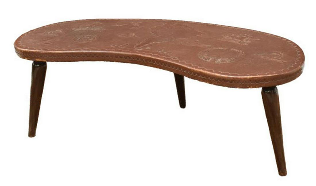 PERU TOOLED LEATHER KIDNEY-SHAPED COFFEE TABLE (1 of 4)