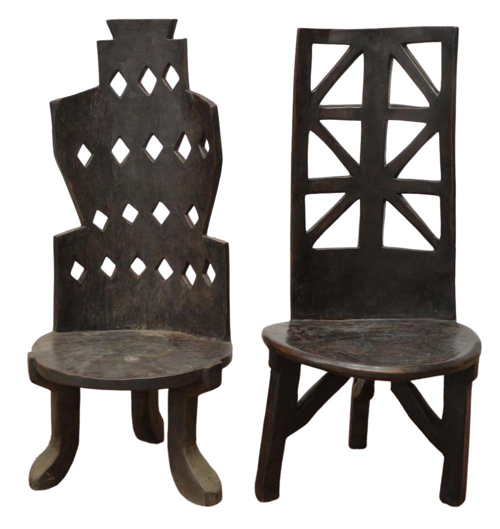 (2) AFRICAN TRIBAL GEOMETRIC CARVED WOOD CHAIRS (1 of 3)