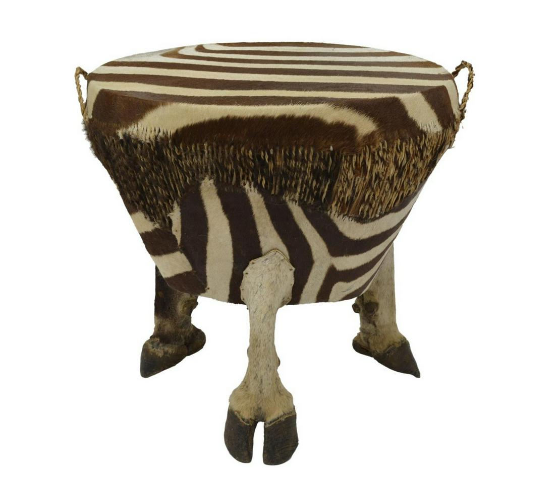 ZEBRA HIDE UPHOLSTERED STOOL W/ ZEBRA LEG SUPPORTS (1 of 3)