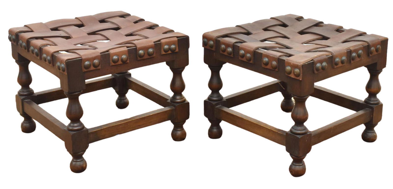 (2) DIMINUTIVE SPANISH WOVEN LEATHER FOOT STOOLS (1 of 3)