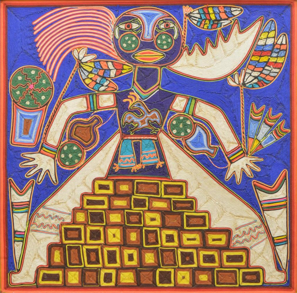 FRAMED HUICHOL INDIAN FOLK ART THREAD PAINTING (1 of 3)