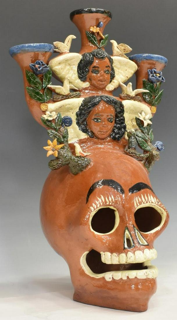 MEXICO FOLK ART POTTERY SKULL ALTAR CANDELABRUM (1 of 4)