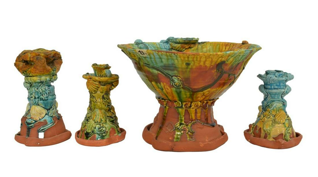 4) MEXICO POLYCHROME GLAZED COMPOTE & CANDLESTICKS (1 of 3)