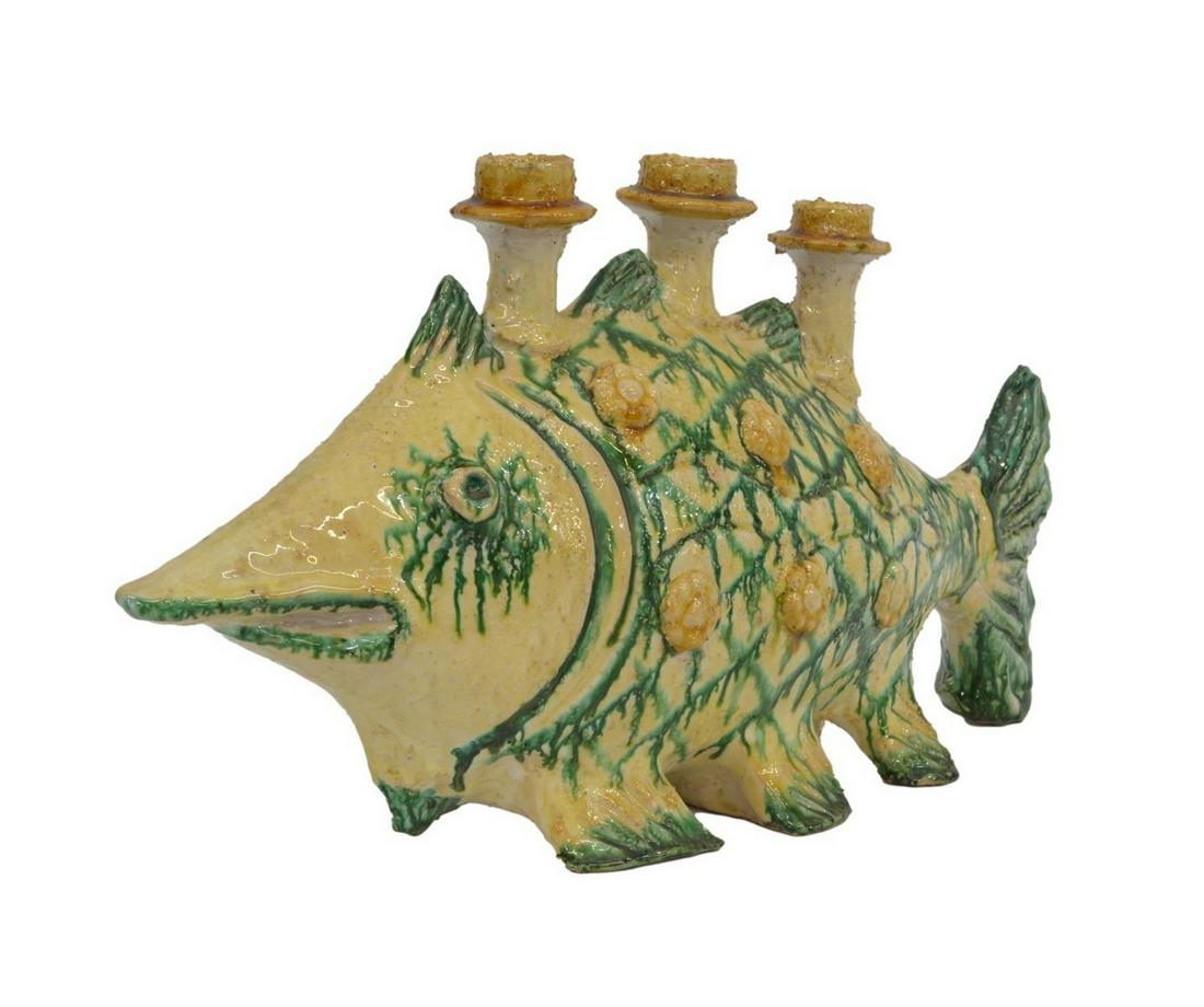 ITALIAN MAJOLICA THREE-LIGHT FISH CANDELABRUM: Italian majolica fish candelabrum, attributed to ND Dolfi, 20th c., supporting three lights, approx 10.5"h, 19.25"w, 5.5"d, 10lbs **Provenance: From the estate of Dr. Jill Mutschler-Fontenot, PHD (196