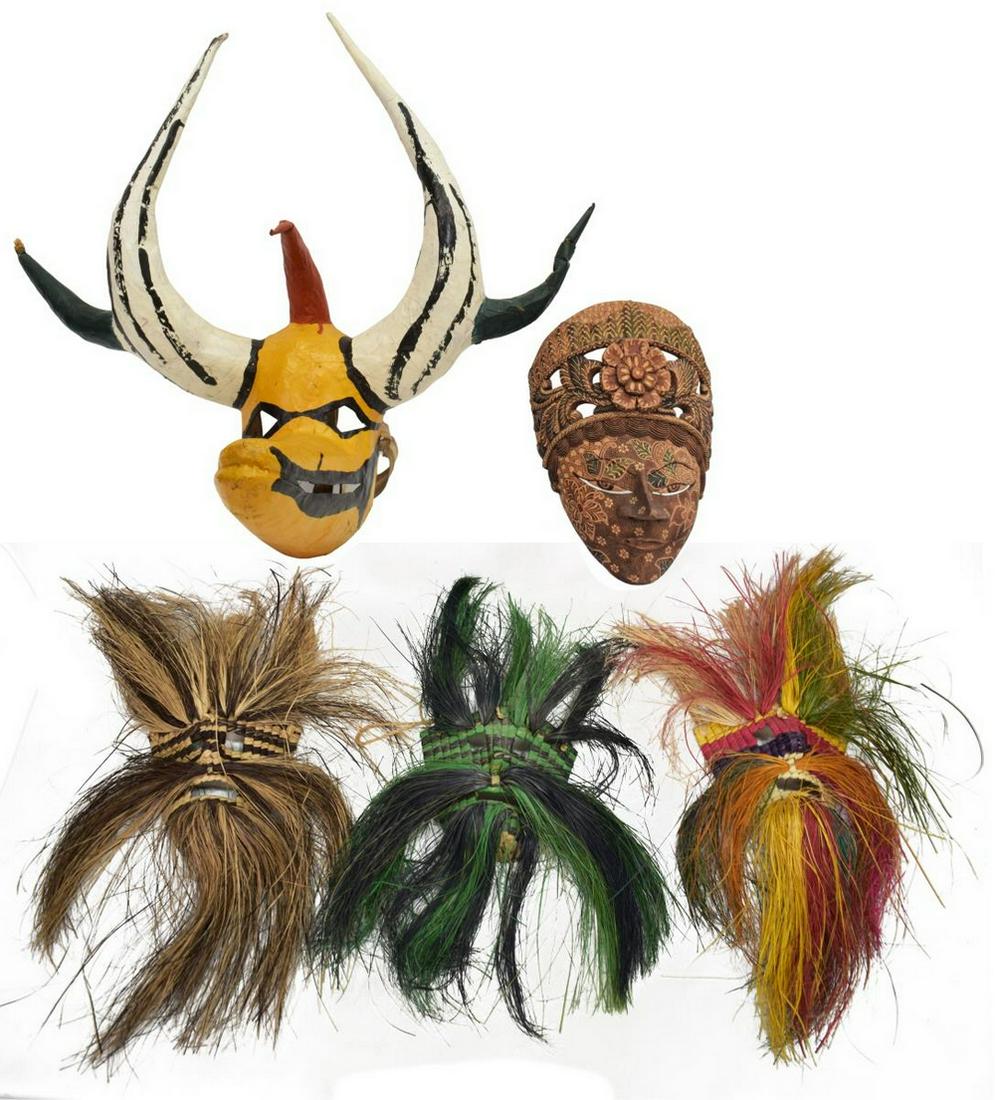 (5) MASKS DYED & WOVEN GRASS, INDONESIAN, CARNIVAL (1 of 5)