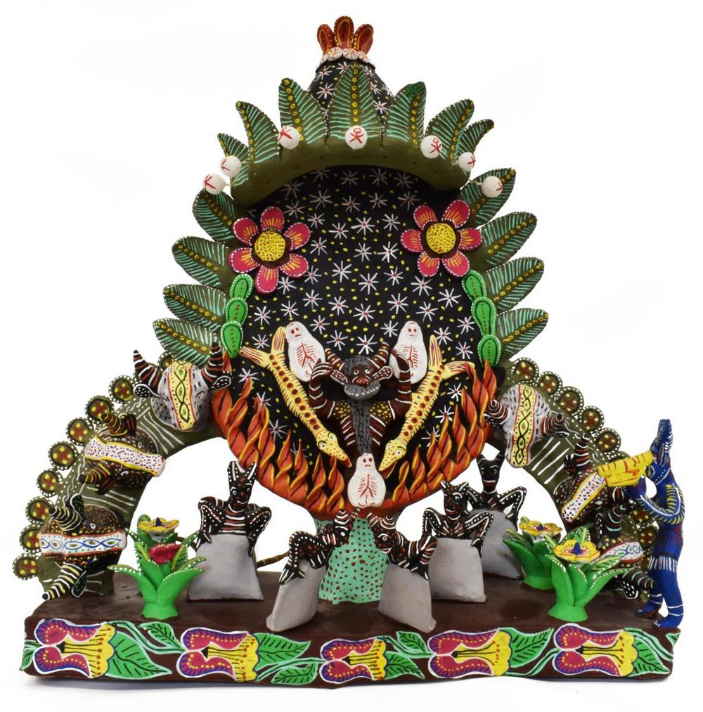 LARGE MEXICAN FOLK ART PAINTED POTTERY FIGURAL SCENE (1 of 5)