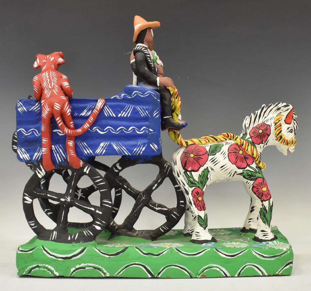 MEXICAN OCUMICHO FOLK ART CERAMIC HORSE & CARRIAGE (1 of 5)