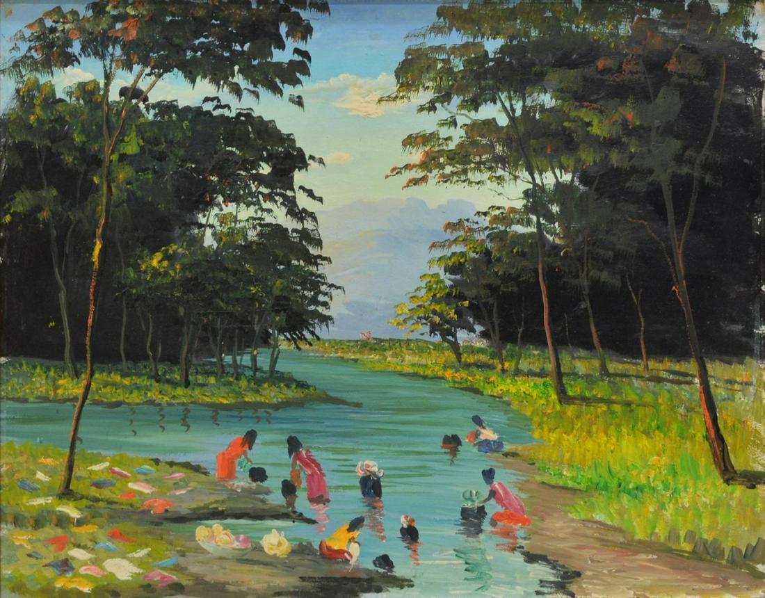 FOLK ART RIVER LANDSCAPE PAINTING, LIKELY MEXICO (1 of 3)