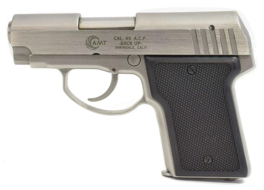 AMT BACK UP PISTOL, .45 CALIBER, STAINLESS STEEL: AMT Back Up pistol, .45 caliber, double action, 3" barrel, detachable magazine, stainless steel with black plastic grips, SN DA13XXX *REQUIRES FFL TRANSFER* Start Price: $250.00