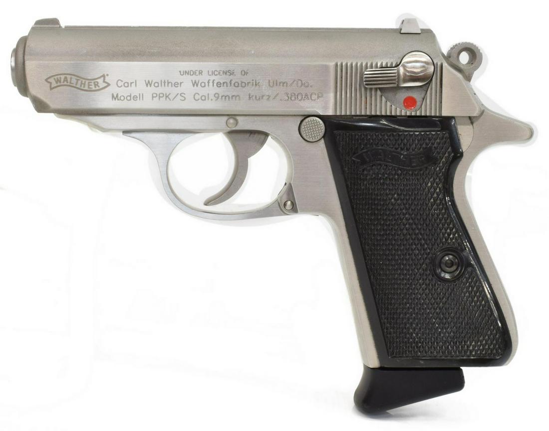 WALTHER PPK/S PISTOL BY SMITH & WESSON 9MM/.380ACP: Walther PPK/S pistol by Smith & Wesson, 9mm caliber (.380 ACP cal), 3" barrel, seven-round detachable magazine, stainless steel frame, Walther black plastic grips, appears in excellent condition, SN70
