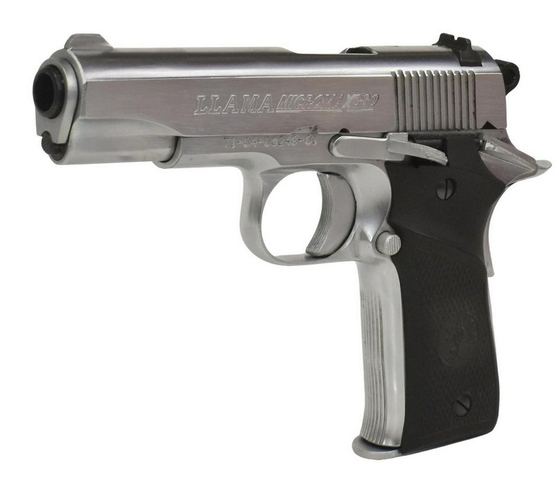 LLAMA MICROMAX PISTOL, .380 CALIBER: Llama Model Micromax pistol, .380 caliber, auto-load, seven-round detachable magazine, 3.75" barrel, safety grip, chrome finish, black polymer grips, spare magazine, Llama hard case, SN 71-04-05XXX-01
