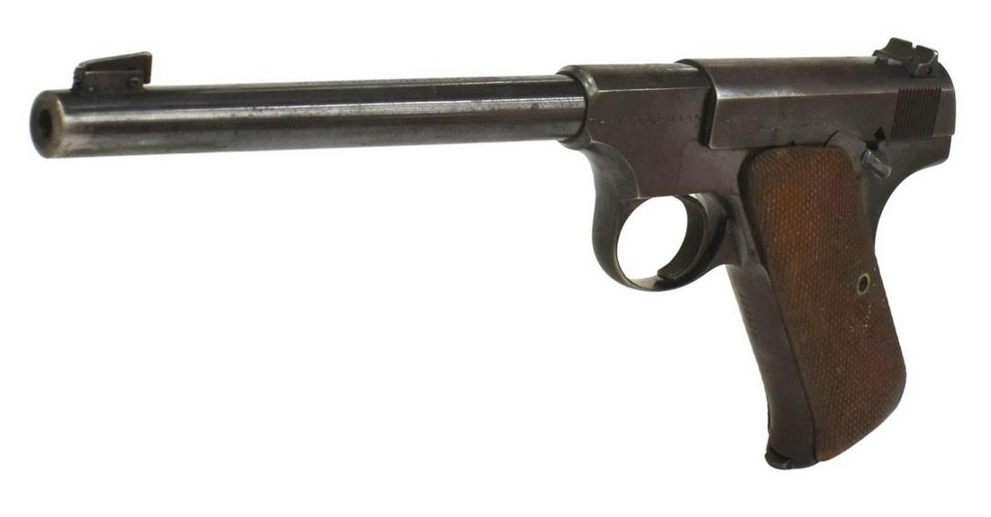 COLT WOODSMAN PISTOL, .22LR CALIBER: Colt Woodsman 1st series pistol, .22LR caliber, 6.5/8" barrel, ten-round magazine, marked at left frame "The Woodsman," left slide "Colt Automatic, cal .22 Long Rifle," checkered grips, housed in peri