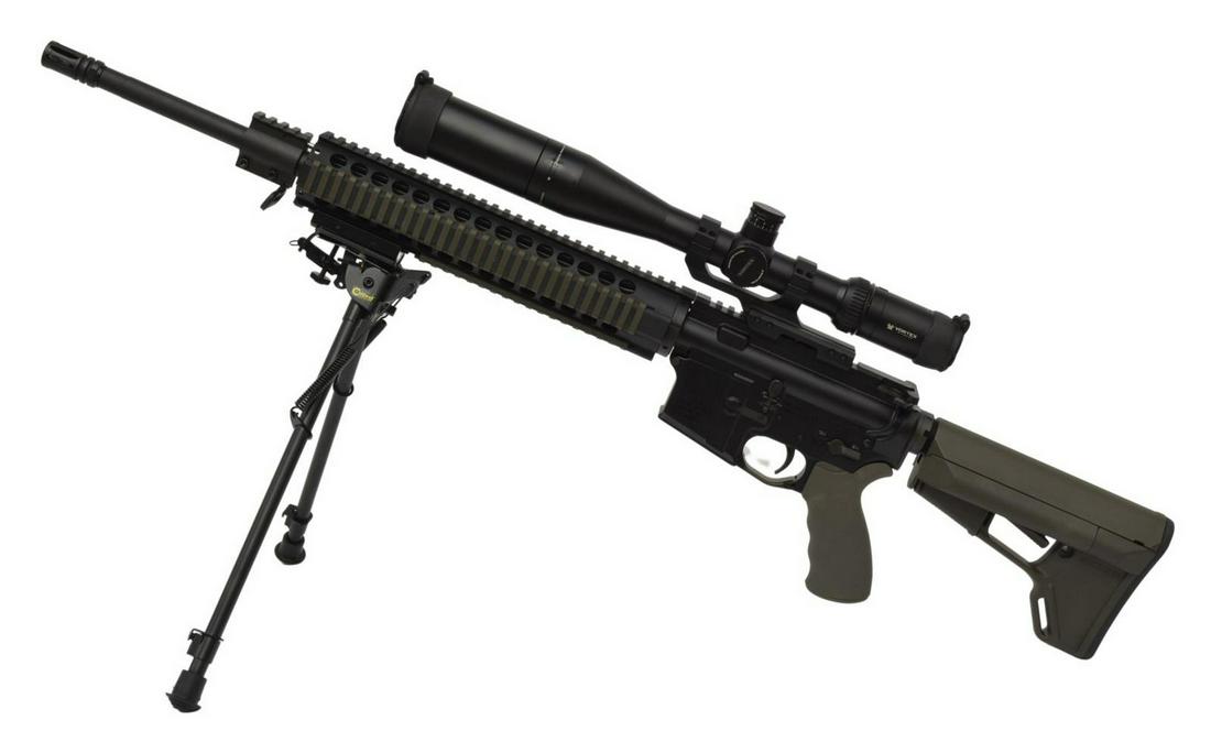 ON TARGET RIFLE 223 CAL, VORTEX VIPER SCOPE: On Target Tactical Supply rifle, Model 0T-15, .223 caliber, 21" barrel, detachable magazine, two sling posts, accessory rails, mounted Caldwell bipod, mounted Vortex Viper 4-16x44 scope, four magazine