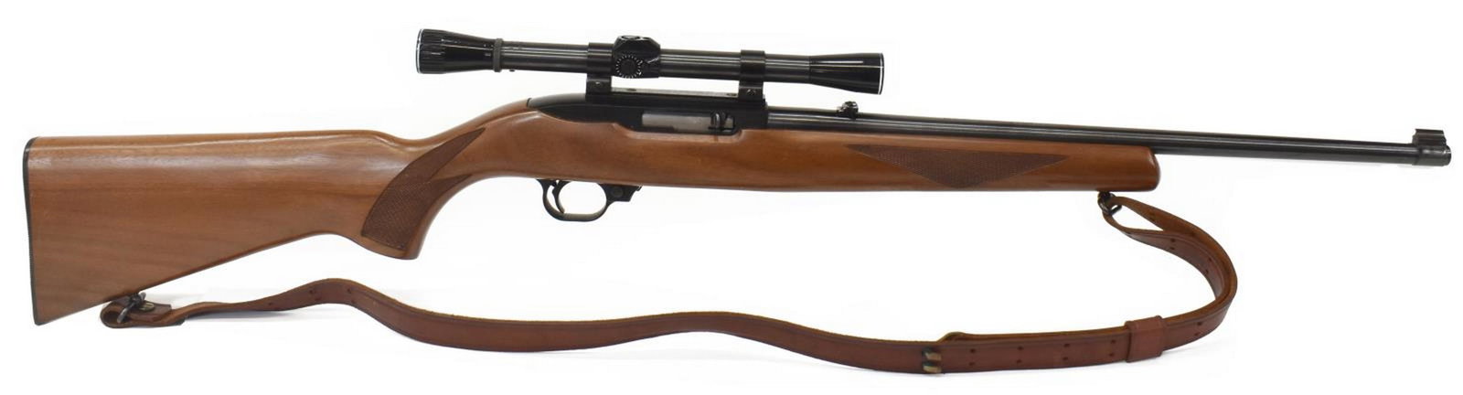 RUGER 10/22 CARBINE, .22LR CALIBER & SCOPE: Ruger Model 10/22 carbine, .22LR caliber, autoload 10 round rotary magazine, 18.5" barrel, fixed front sight, adjustable rear sight, mounted Weaver Challenter C34 scope, hardwood stock, two sling moun