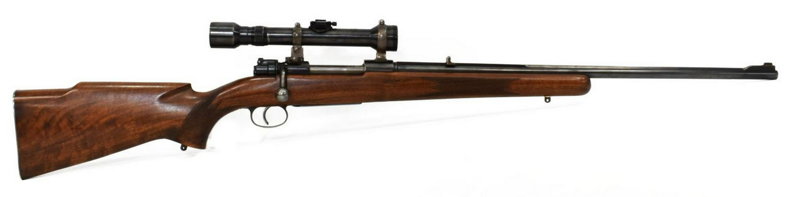 MAUSER 7.9MM RIFLE, HENSOLDT WETZLAR SCOP: Mauser bolt action rifle, 7.9mm, 23" barrel with rib top, adjustable rear sight, mounted Hensoldt Wetzlar 4x scope two sling posts, checkered stock with cheek piece, bolt bearing Nazi marking SN 8598 