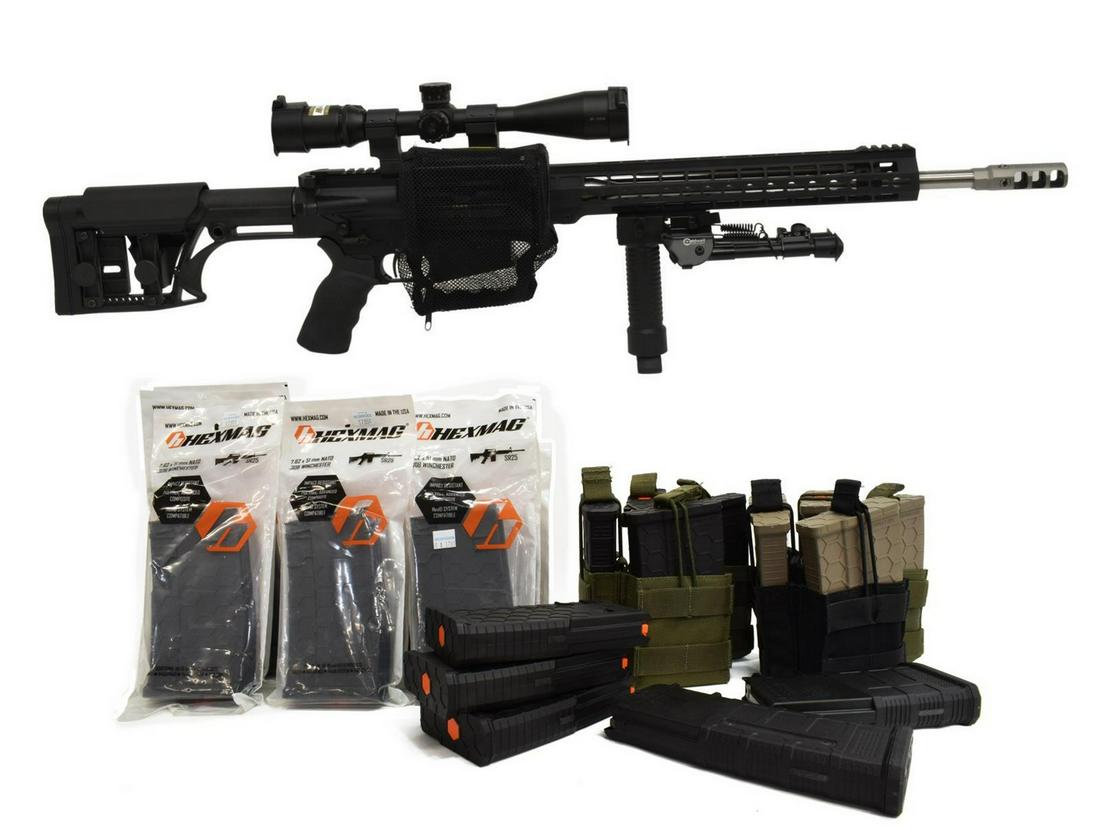 ARMALITE A2 RIFLE .308 NIKON M-308 SCOPE, 21 MAGS: Armalite Spr Mod A2 rifle, .308 (7.62) caliber, auto-load,, 16.5" stainless barrel with Armalite muzzle brake, tactical hand guard, front grip with bipod, adjustable stock, accessory rails with Nikon