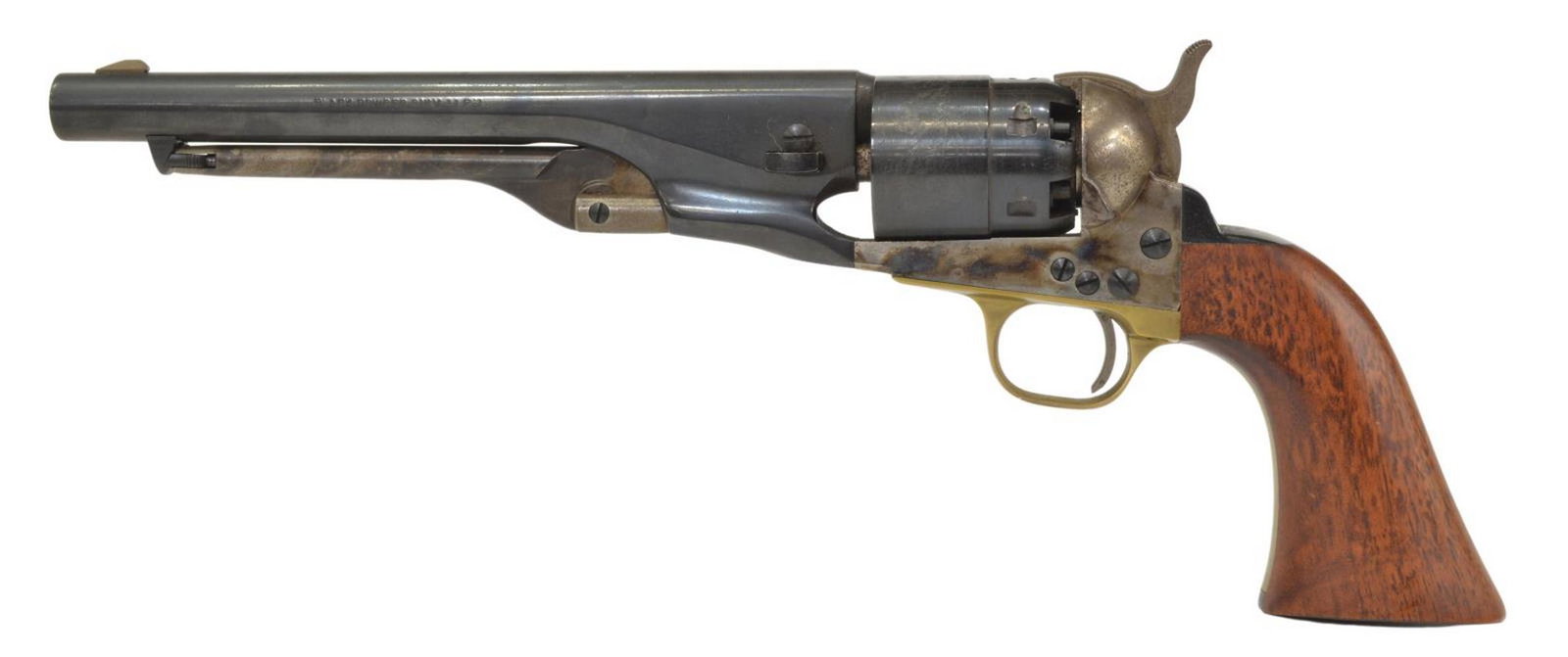 BLACKPOWDER REPRO COLT 1860 ARMY REVOLVER: Italian reproduction blackpowder Colt 1860 Army revolver, .44 caliber, 8" round barrel, six-round cylinder with Texas-Mexico naval battle scene, brass trigger guard and backstrap, hardwood grips, appe