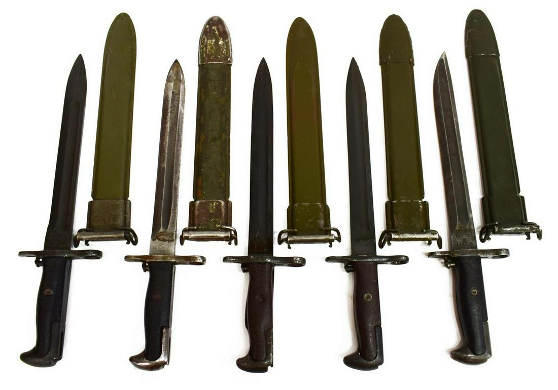 5) US WWII M1 BAYONETS & SCABBARDS, VARIOUS MAKERS: (lot of 5) Military bayonets, all in very good condition with 9.75"-10" blades, push button scabbard release, black resin grips, M7 marked or style scabbards: (1) ricasso marked A.F.H. over flaming bo