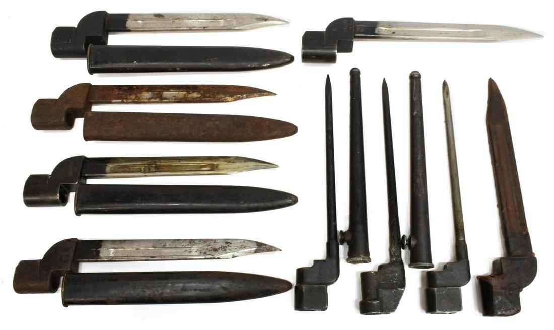 (9) BRITISH SPIKE & KNIFE BAYONETS: (lot of 9) British bayonets: (2) British No. 4, MKII bayonets, one with scabbard; (1) British No. 4, MKIII with scabbard (6) British No. 9, MKI bayonets, four with scabbards, two with rust, longest wi