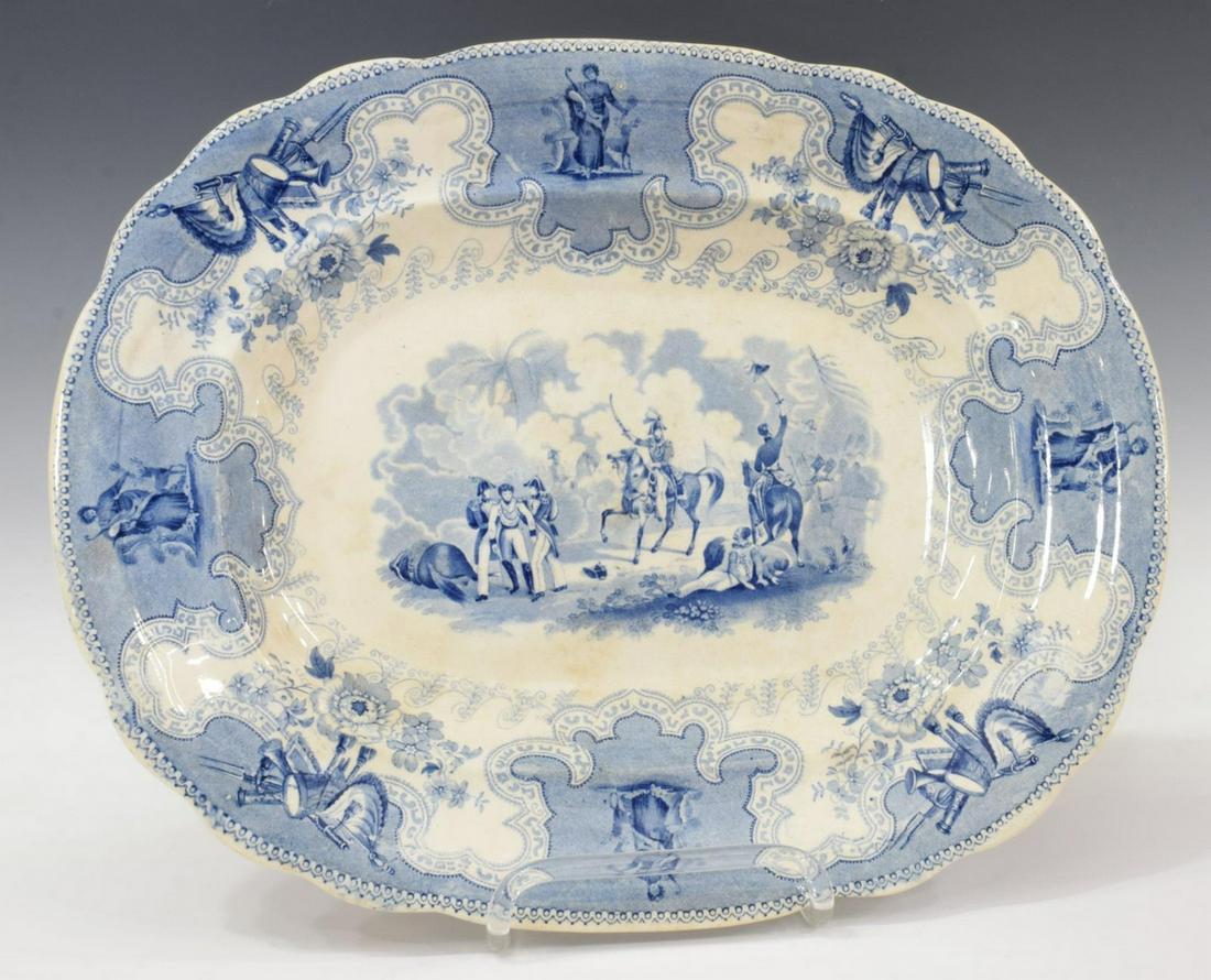 HISTORICAL STAFFORDSHIRE TEXIAN CAMPAIGNE PLATTER: Scarce English Staffordshire serving platter, in the "Texian Campaigne" pattern, James Beech, c.1850, with light blue transfer printed decoration, scene titled Battle of Monterey, marked underfoot, ap