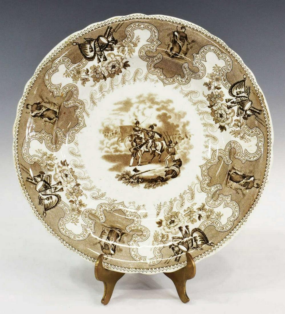 HISTORICAL STAFFORDSHIRE TEXIAN CAMPAIGNE PLATE: Scarce English Staffordshire plate, in the "Texian Campaigne" pattern, James Beech, c.1850, with brown transfer printed decoration, scene titled Battle of Palo Alto, marked underfoot, approx 10.5"diam