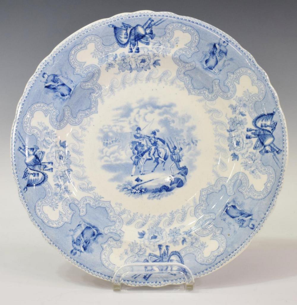 HISTORICAL STAFFORDSHIRE TEXIAN CAMPAIGNE PLATE: Scarce English Staffordshire plate, in the "Texian Campaigne" pattern, James Beech, c.1850, with light blue transfer printed decoration, scene titled Battle of Palo Alto, marked underfoot, approx 10.5