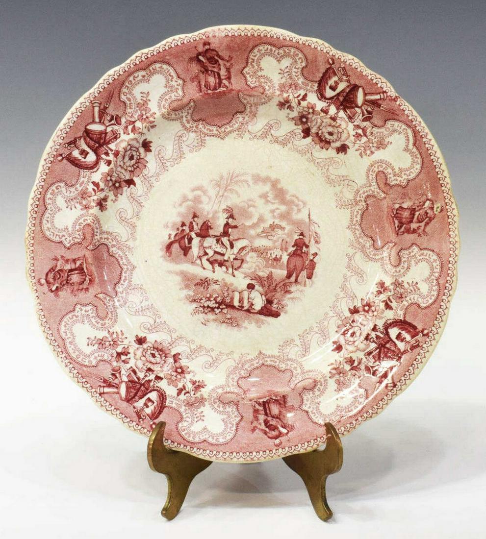 HISTORICAL STAFFORDSHIRE TEXIAN CAMPAIGNE PLATE: Scarce English Staffordshire plate, in the "Texian Campaigne" pattern, James Beech, c.1850, with red transfer printed decoration, scene titled Battle of Chapultepec, marked underfoot, crazing, approx