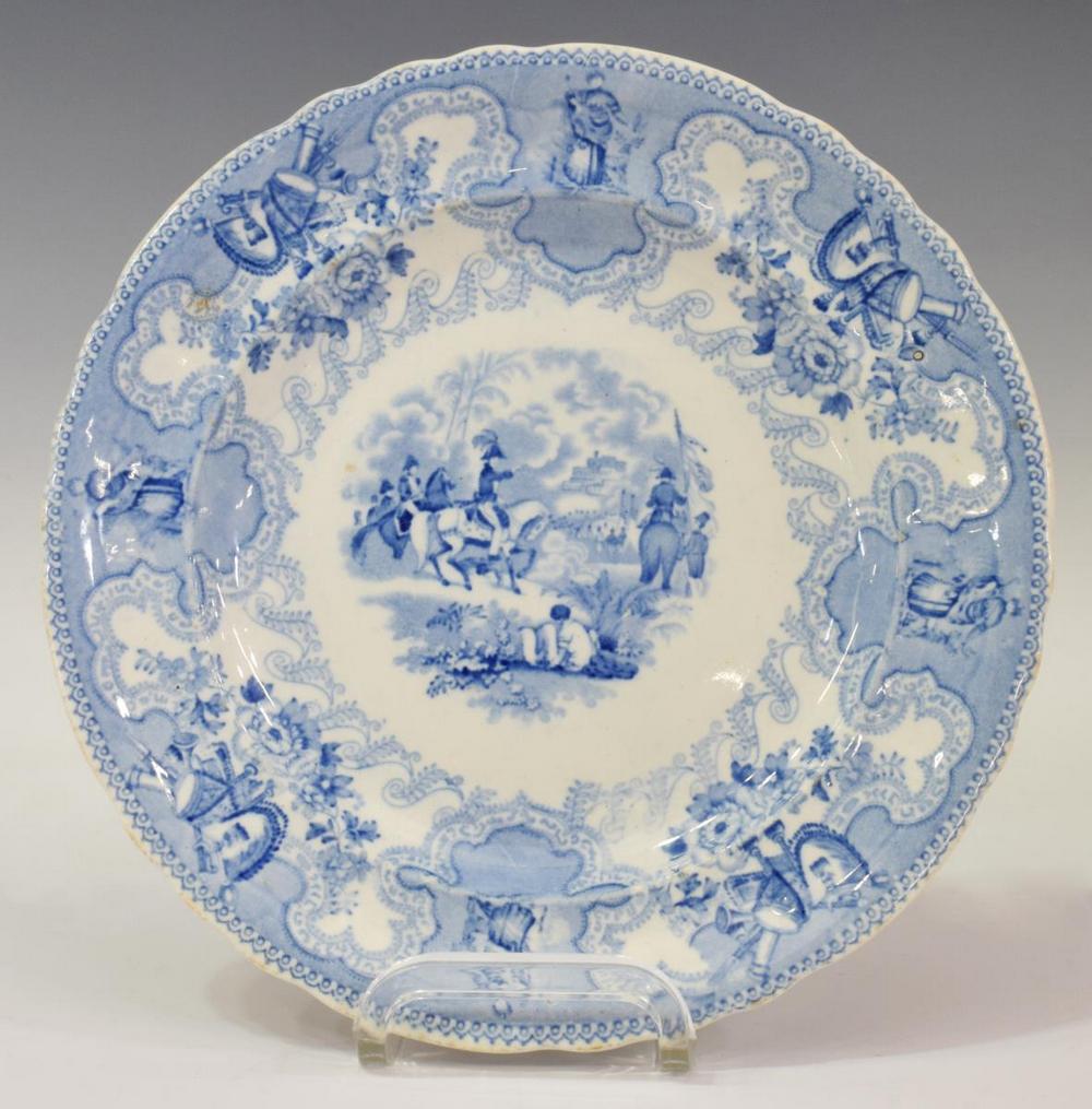 HISTORICAL STAFFORDSHIRE TEXIAN CAMPAIGNE PLATE: Scarce English Staffordshire plate, in the "Texian Campaigne" pattern, James Beech, c.1850, with light blue transfer printed decoration, scene titled Battle of Chapultepec, marked underfoot, approx 9.