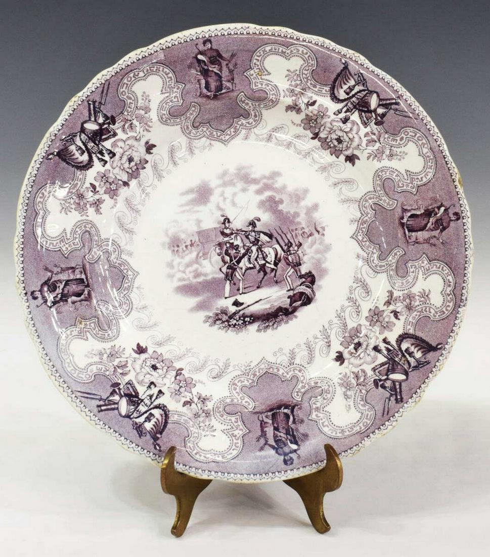 HISTORICAL STAFFORDSHIRE TEXIAN CAMPAIGNE PLATE: Scarce English Staffordshire plate, in the "Texian Campaigne" pattern, James Beech, c.1850, with purple transfer printed decoration, scene titled Battle of Palo Alto, marked underfoot, chip under rim,