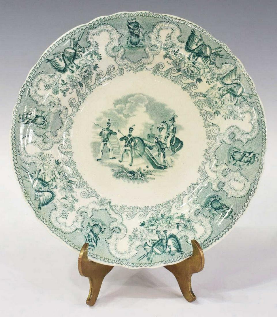 HISTORICAL STAFFORDSHIRE TEXIAN CAMPAIGNE PLATE: Scarce English Staffordshire plate, in the "Texian Campaigne" pattern, James Beech, c.1850, with green transfer printed decoration, scene titled Battle of Buena Vista, marked underfoot, approx 8.25"di