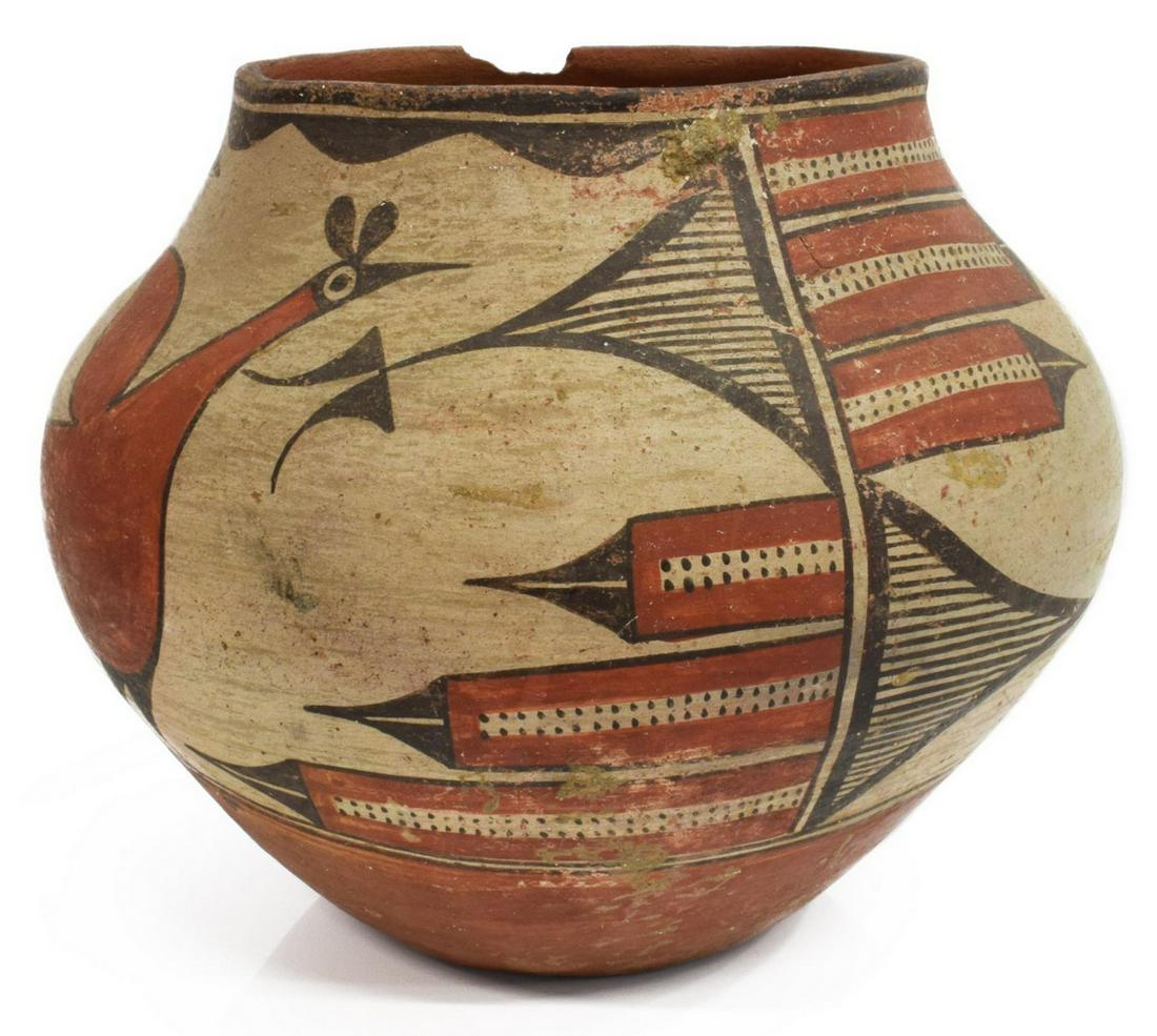 ZIA REDWARE POTTERY OLLA, C.1930s-1940s: Vintage Zia redware pottery jar, c.1930s-1940s, polychrome with birds and geometric designs, chip at lip, approx 7.5"h, 9"diam, 4.25lbs Start Price: $200.00