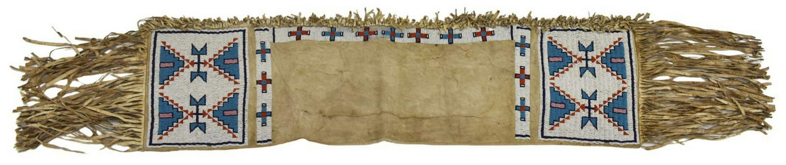 SIOUX BEADED SADDLE BAGS, U.S. INDIAN DEPT, C 1900: Native American beaded hide and cloth saddle bags, Sioux, c.1900-1920, substantial beading at two ends, long fringe, interior lining made from 100-pound flour sack marked U.S. Indian Dept., approx 45"